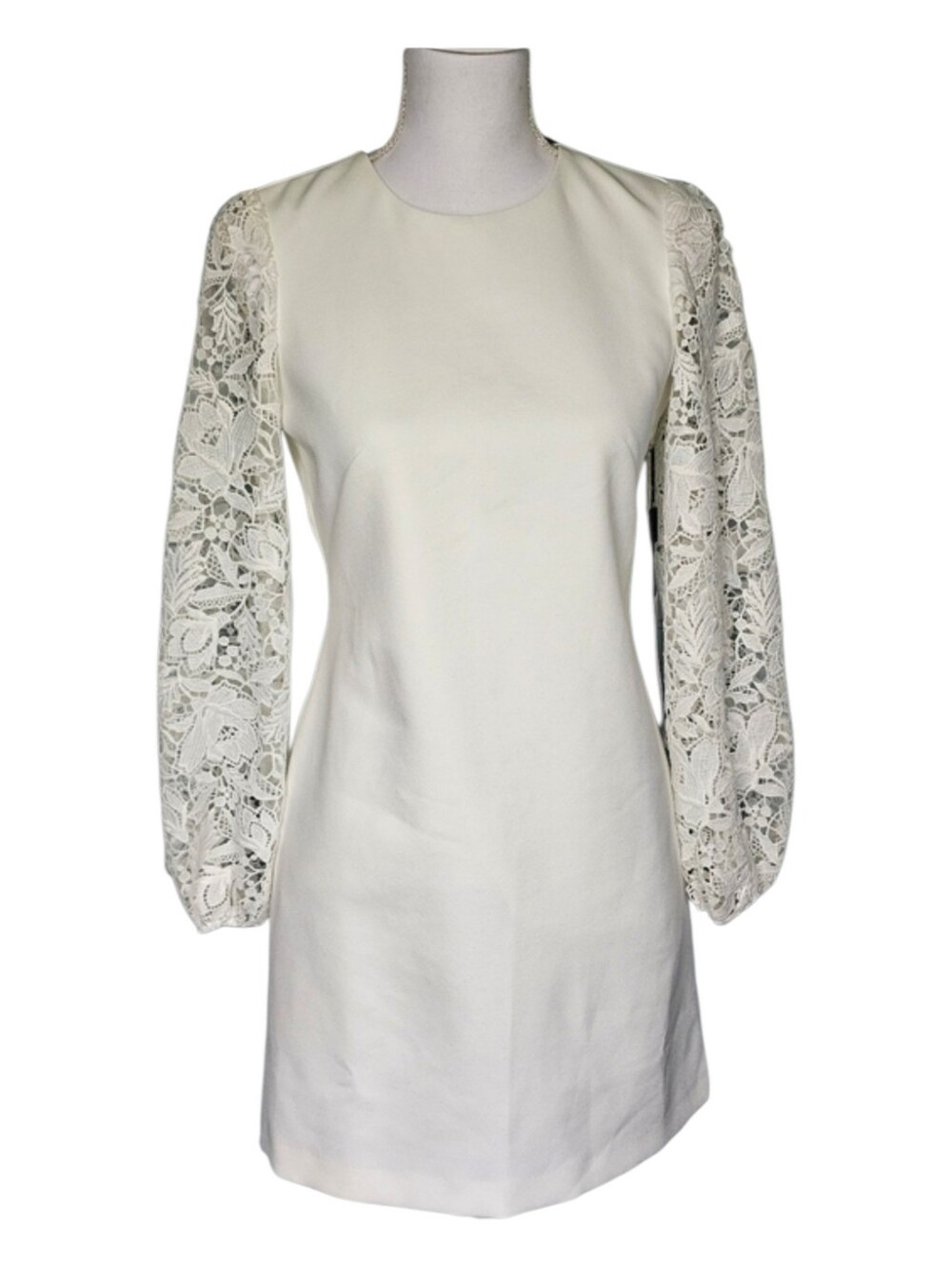 White House Black Market White Sheath Dress With Lace Bishop Sleeves Size 2P